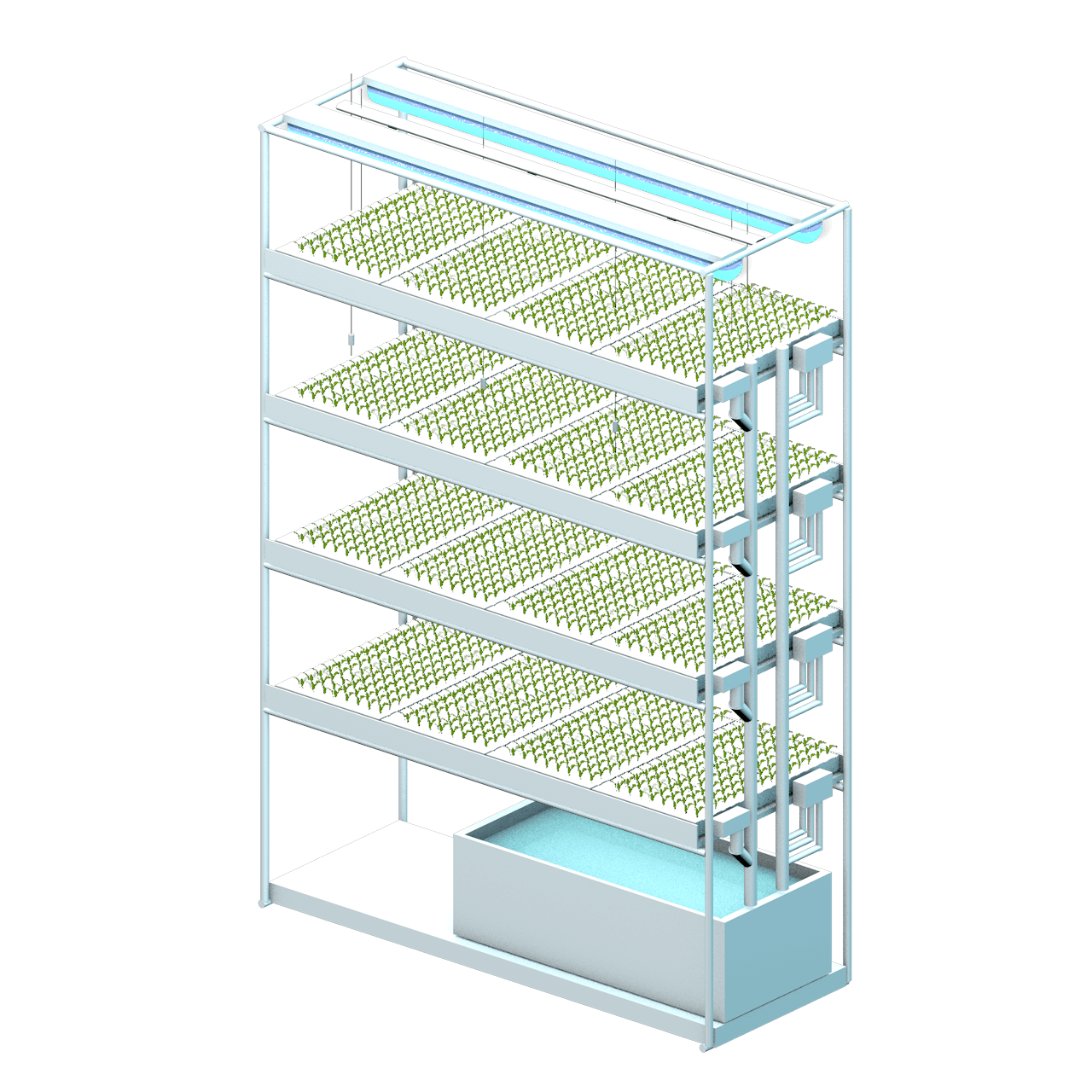 COBRA propagation infrastructure with LED lighting, seedling trays at each tray level, irrigation reservoir, and sensor modules